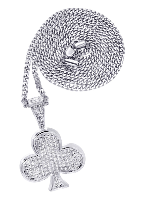 White Gold Plated Cuban Link Chain & Trebol Pendant | Appx. 18.8 Grams