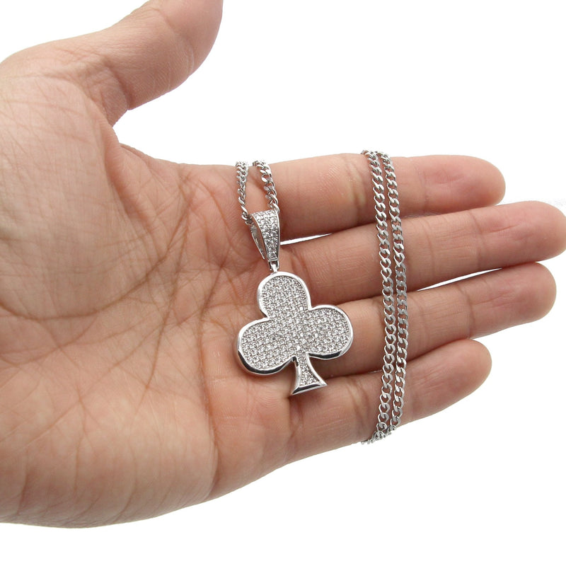 White Gold Plated Cuban Link Chain & Trebol Pendant | Appx. 18.8 Grams