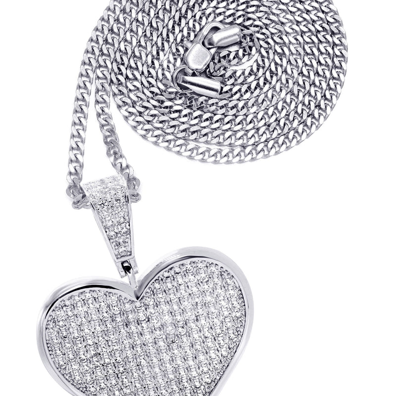 White Gold Plated Cuban Link Chain & Heart Pendant | Appx. 19.5 Grams