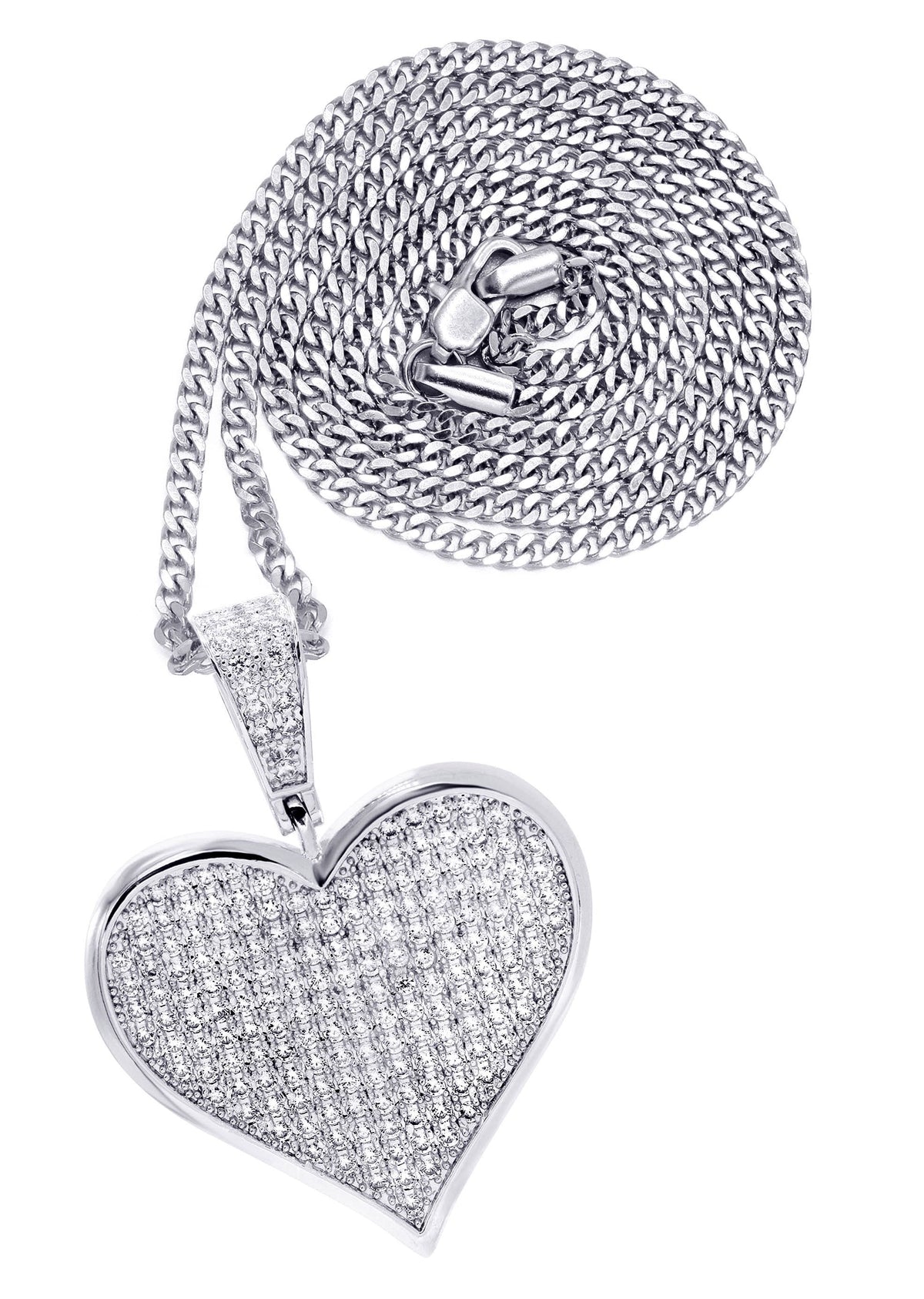 White Gold Plated Cuban Link Chain & Heart Pendant | Appx. 19.5 Grams