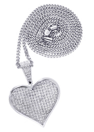 White Gold Plated Cuban Link Chain & Heart Pendant | Appx. 19.5 Grams
