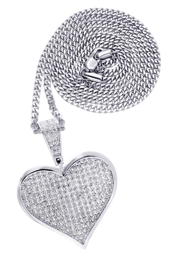 White Gold Plated Cuban Link Chain & Heart Pendant | Appx. 19.5 Grams