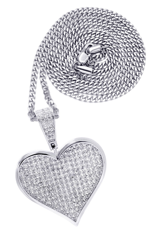 White Gold Plated Cuban Link Chain & Heart Pendant | Appx. 19.5 Grams