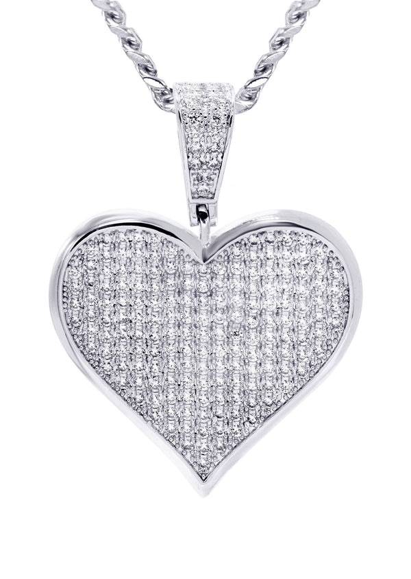 White Gold Plated Cuban Link Chain & Heart Pendant | Appx. 19.5 Grams