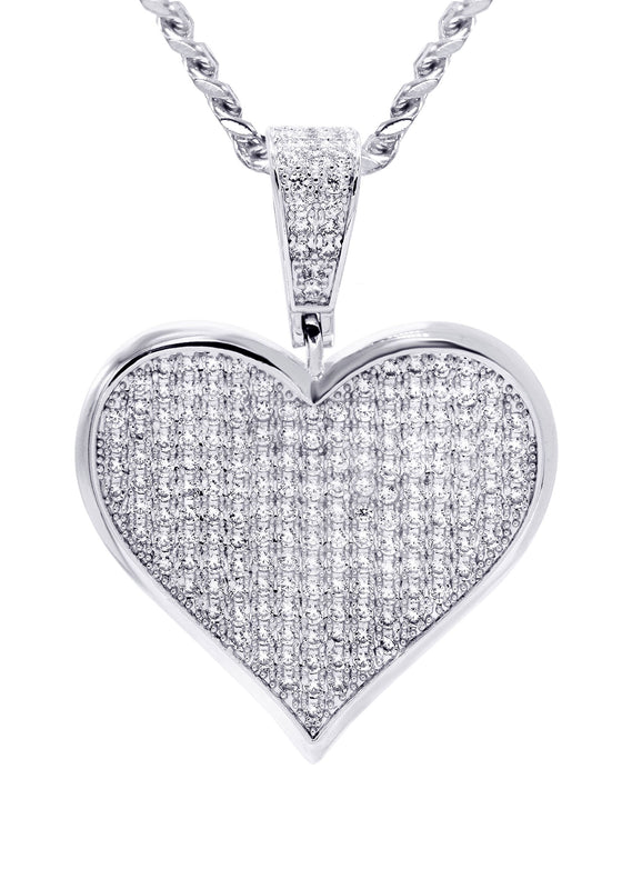 White Gold Plated Cuban Link Chain & Heart Pendant | Appx. 19.5 Grams