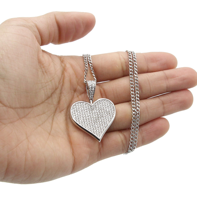 White Gold Plated Cuban Link Chain & Heart Pendant | Appx. 19.5 Grams
