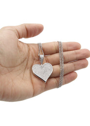 White Gold Plated Cuban Link Chain & Heart Pendant | Appx. 19.5 Grams