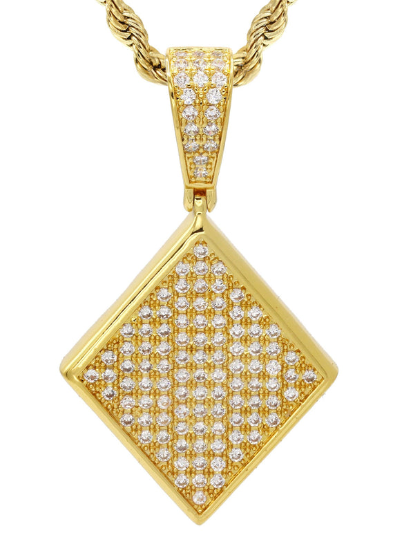 Mens Gold Plated Rope Chain & Iced Out Pendant | Appx. 16.1 Grams