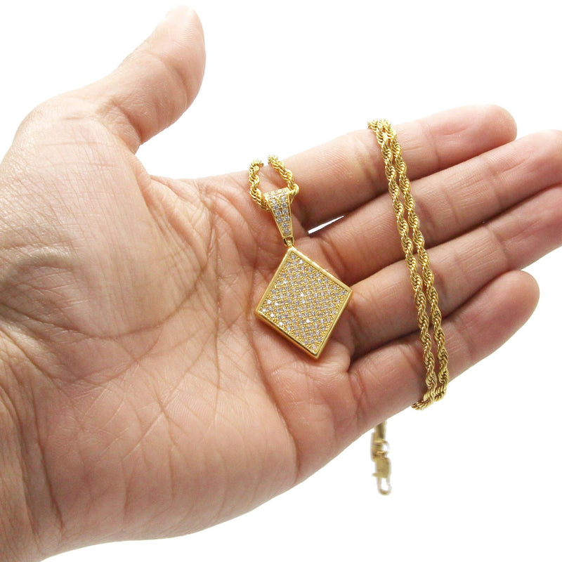 Mens Gold Plated Rope Chain & Iced Out Pendant | Appx. 16.1 Grams