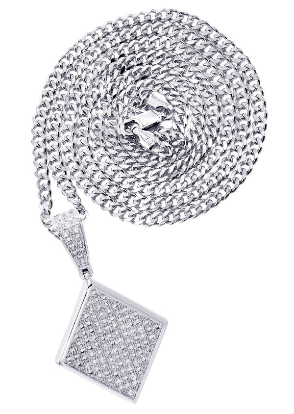 White Gold Plated Cuban Link Chain & Iced Out Pendant | Appx. 16.1 Grams