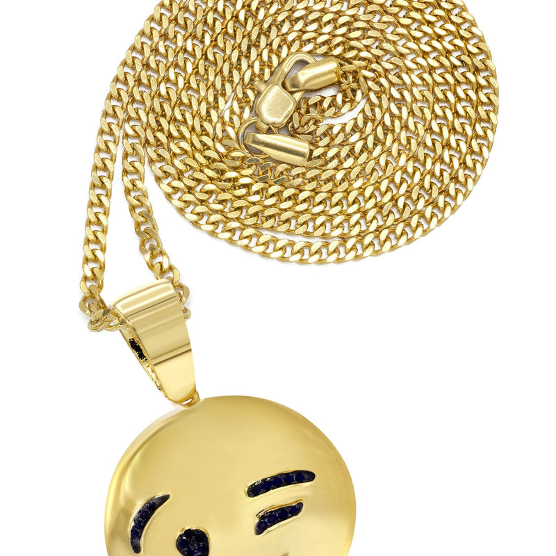 Mens Gold Plated Cuban Link Chain & Emoji Pendant | Appx. 14.3 Grams