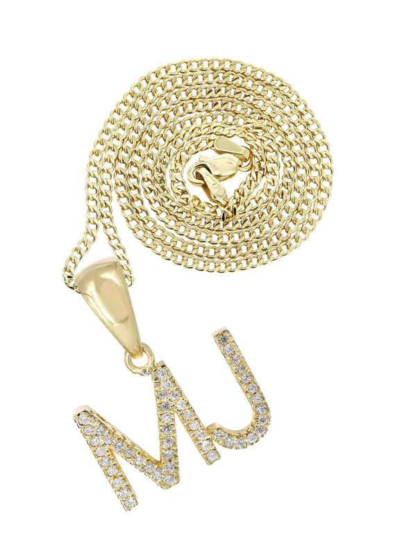 14K Gold Diamond  Double Initial Pendant and Cuban Chain