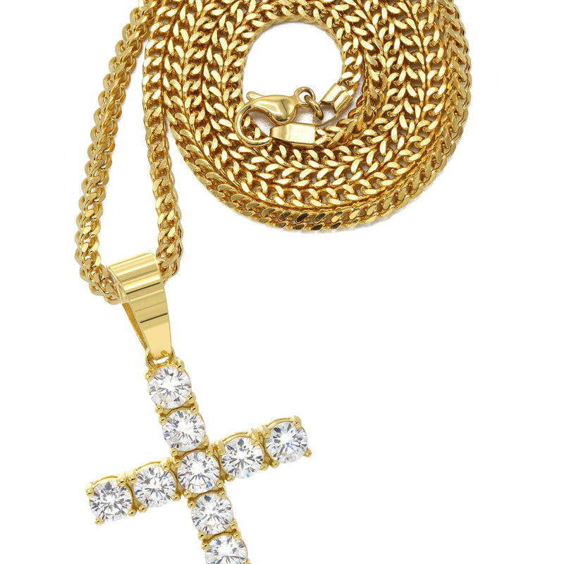 Mens Gold Plated Franco Chain & Cross Pendant | Appx. 13 Grams
