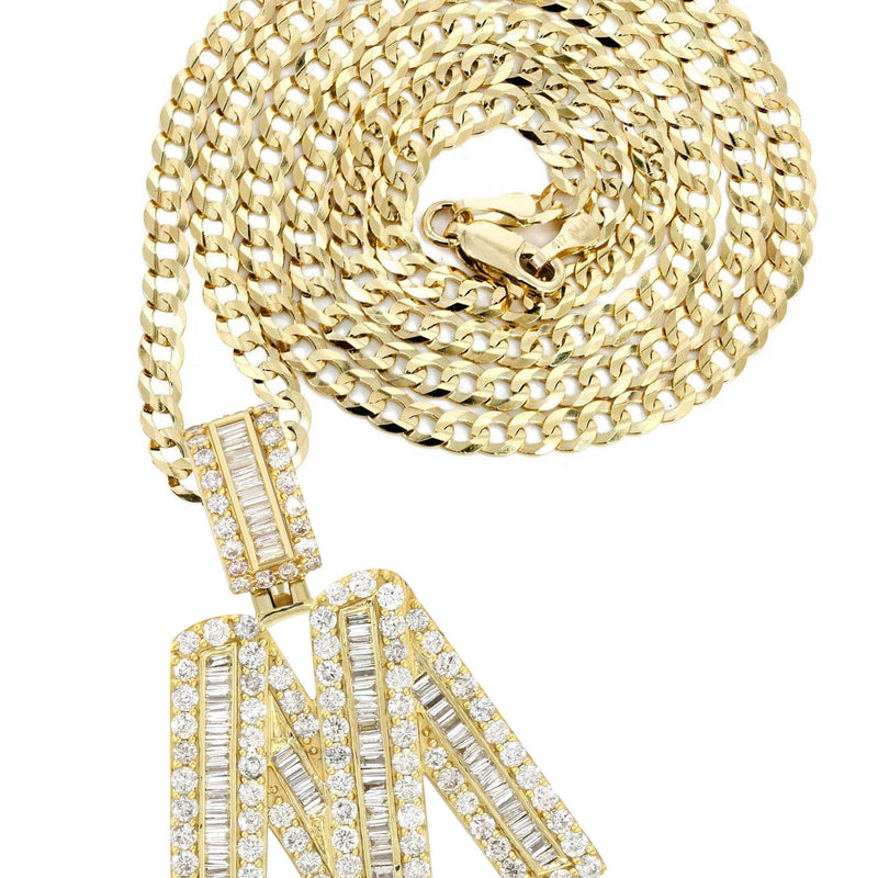 Yellow Gold Letter "M" Baguette Diamond Necklace | 3.3 Carats