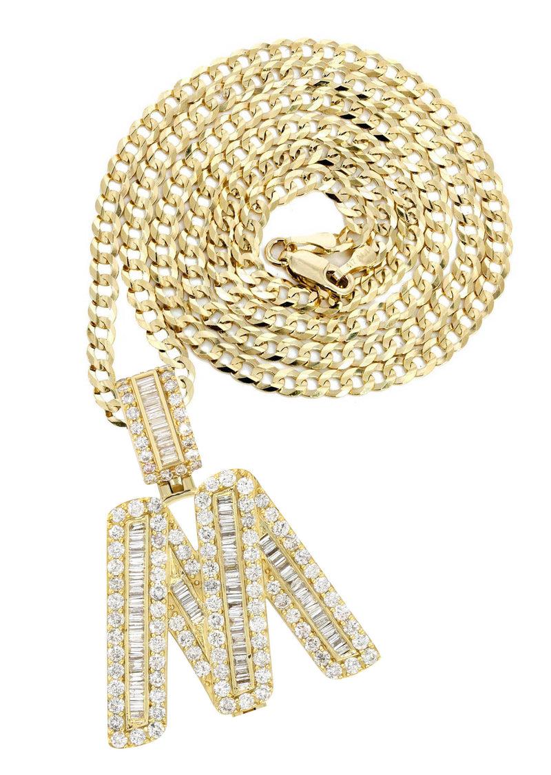 Yellow Gold Letter "M" Baguette Diamond Necklace | 3.3 Carats