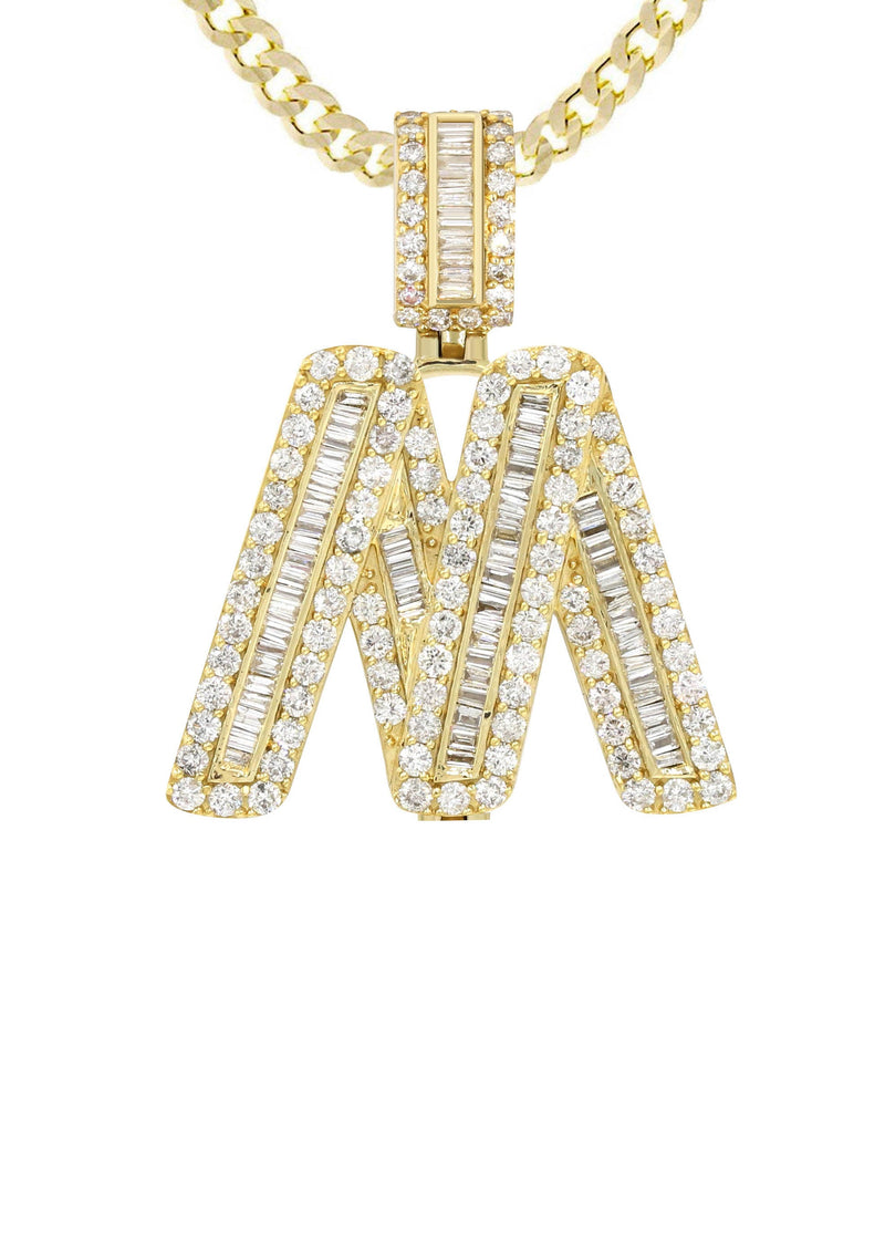 Yellow Gold Letter "M" Baguette Diamond Necklace | 3.3 Carats