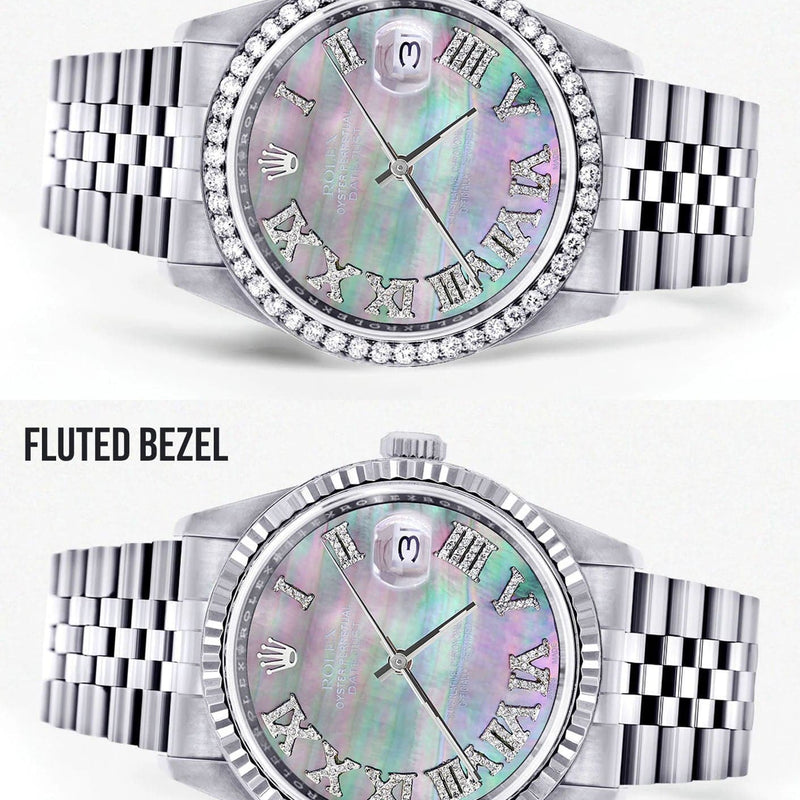 Diamond Mens Rolex Datejust Watch 16200 | 36Mm | Dark Mother Of Pearl Dial | Roman Numeral | Jubilee Band