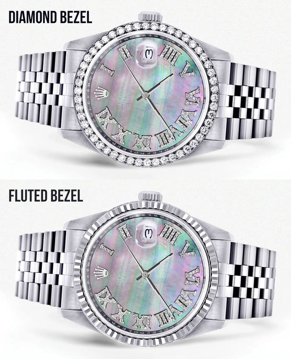Diamond Mens Rolex Datejust Watch 16200 | 36Mm | Dark Mother Of Pearl Dial | Roman Numeral | Jubilee Band