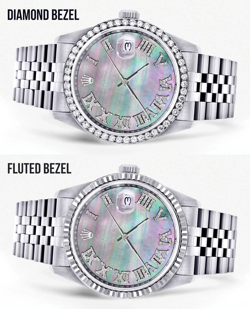 Diamond Mens Rolex Datejust Watch 16200 | 36Mm | Dark Mother Of Pearl Dial | Roman Numeral | Jubilee Band