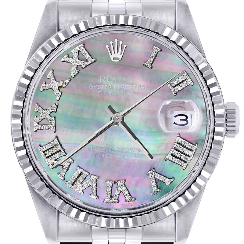 Mens Rolex Datejust Watch 16200 | Fluted Bezel | 36Mm | Mother of Pearl Roman Numeral Dial | Jubilee Band