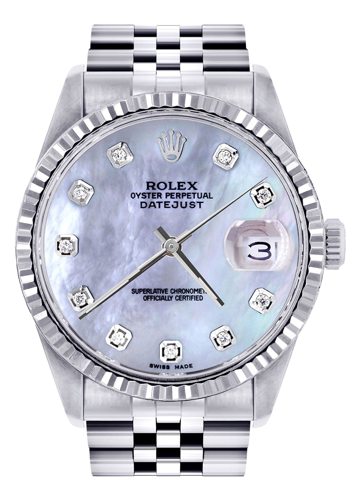 Mens Rolex Datejust Watch 16200 | Fluted Bezel | 36Mm | Light Blue Mother of Pearl Dial | Jubilee Band