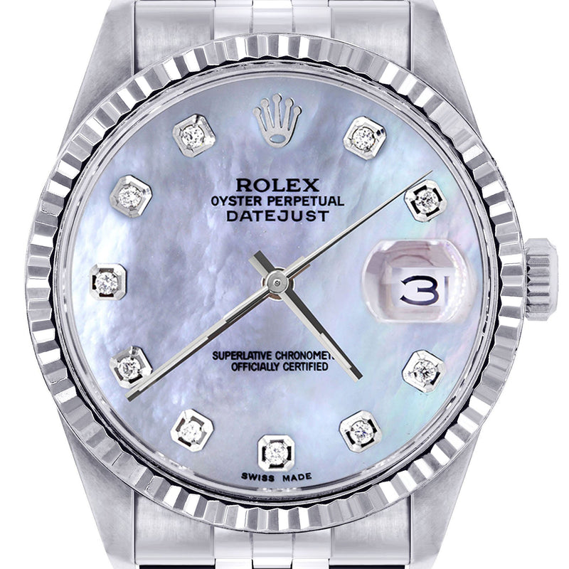 Womens Rolex Datejust Watch 16200 | Fluted Bezel | 36Mm | Light Blue Mother of Pearl Dial | Fluted Bezel | Jubilee Band