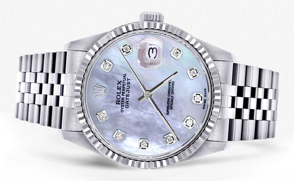 Womens Rolex Datejust Watch 16200 | Fluted Bezel | 36Mm | Light Blue Mother of Pearl Dial | Fluted Bezel | Jubilee Band