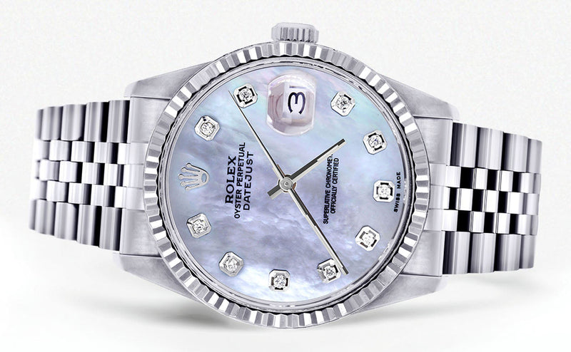 Womens Rolex Datejust Watch 16200 | Fluted Bezel | 36Mm | Light Blue Mother of Pearl Dial | Fluted Bezel | Jubilee Band
