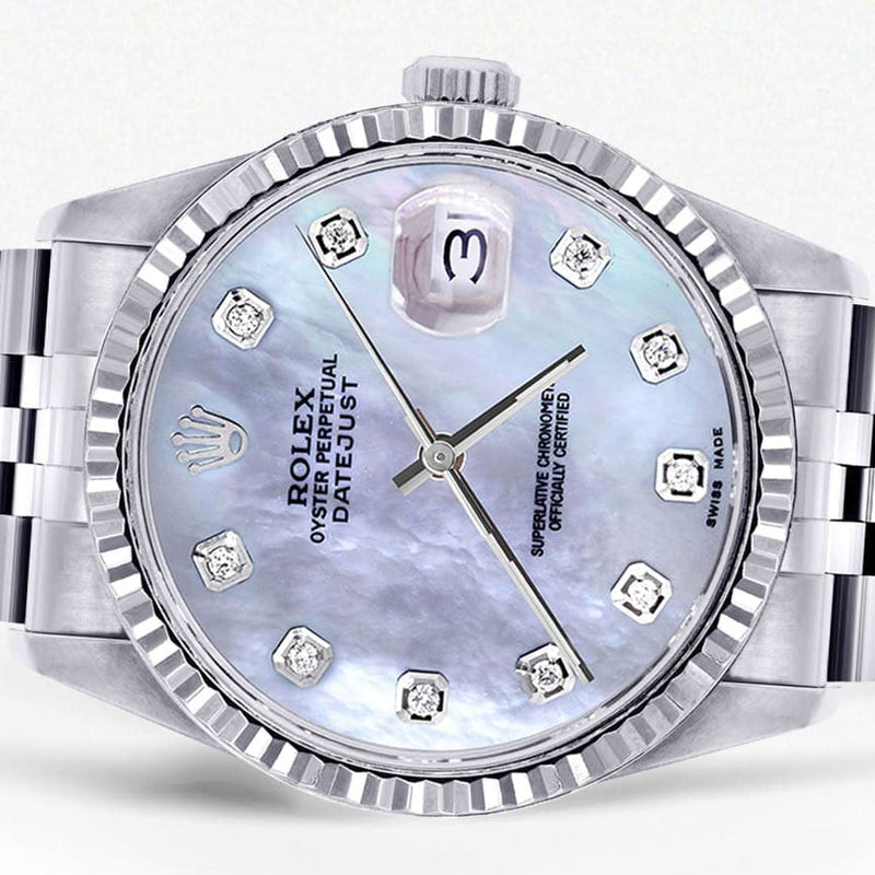 Mens Rolex Datejust Watch 16200 | Fluted Bezel | 36Mm | Light Blue Mother of Pearl Dial | Jubilee Band
