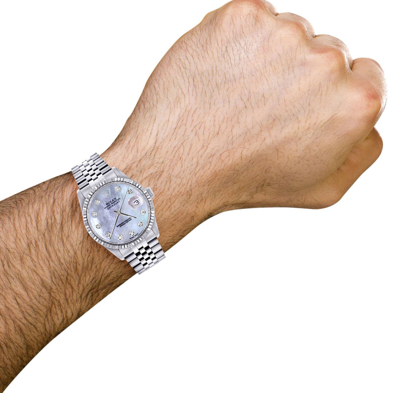 Mens Rolex Datejust Watch 16200 | Fluted Bezel | 36Mm | Light Blue Mother of Pearl Dial | Jubilee Band