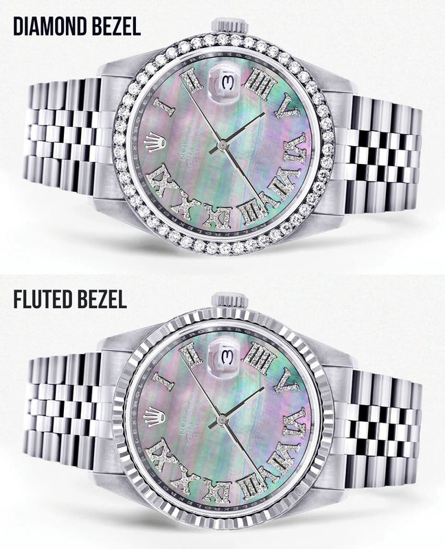 Diamond Mens Rolex Datejust Watch 16200 | 36Mm | Dark Mother Of Pearl Dial | Roman Numeral | Jubilee Band