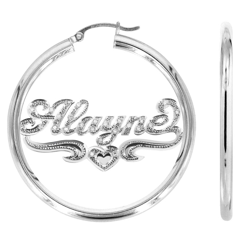 14K Ladies White Gold with Diamonds Name Plate Hoop Earrings