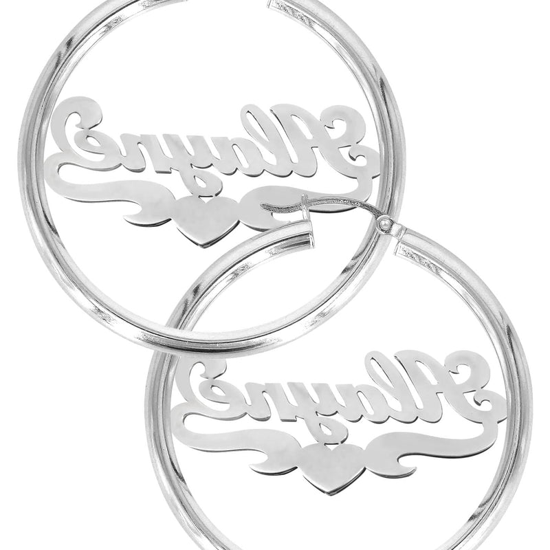 14K Ladies White Gold with Diamonds Name Plate Hoop Earrings