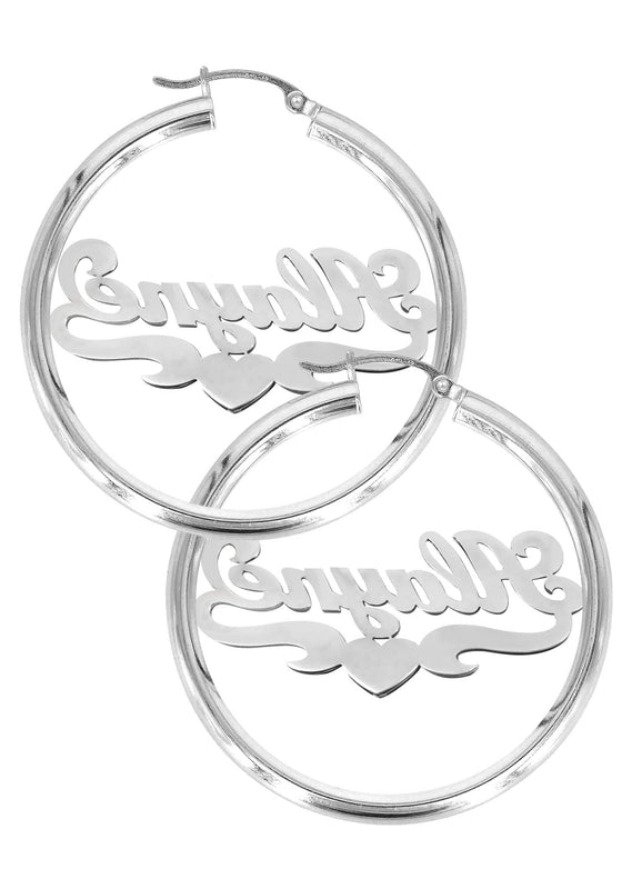 14K Ladies White Gold with Diamonds Name Plate Hoop Earrings
