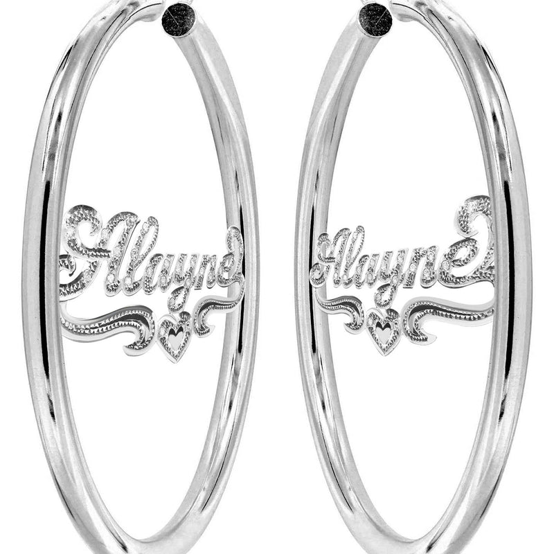 14K Ladies White Gold with Diamonds Name Plate Hoop Earrings