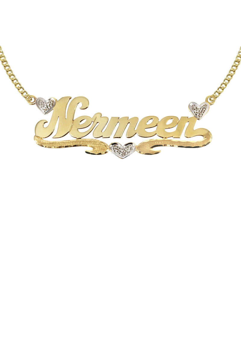 14K Gold  Two Tone Hearts Name Plate Necklace | Style #23