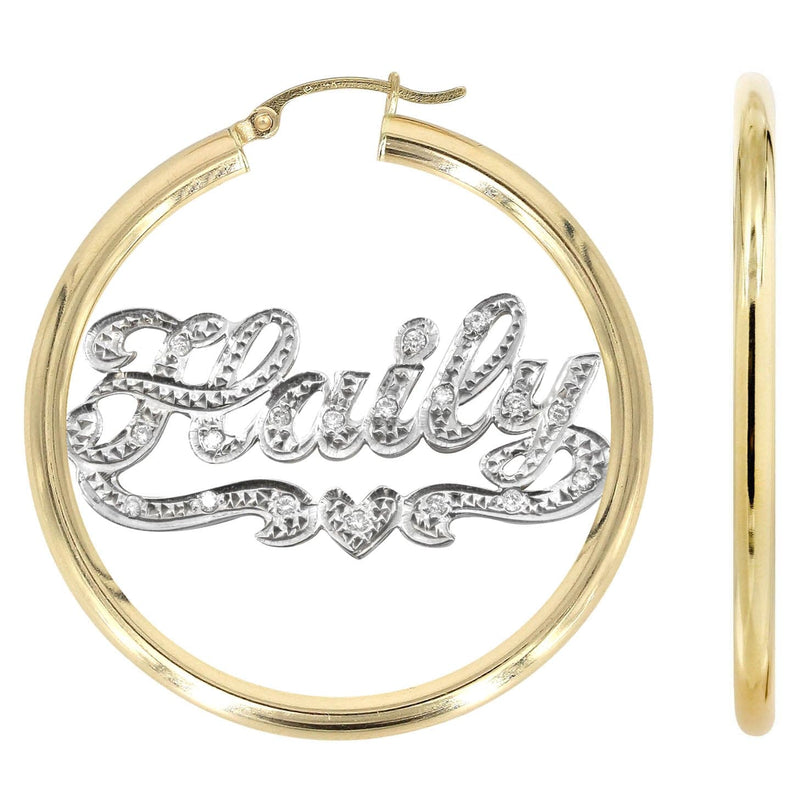 14K Ladies Diamond Cut with Diamonds Name Plate Hoop Earrings