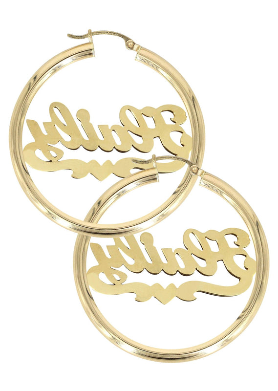 14K Ladies Diamond Cut with Diamonds Name Plate Hoop Earrings