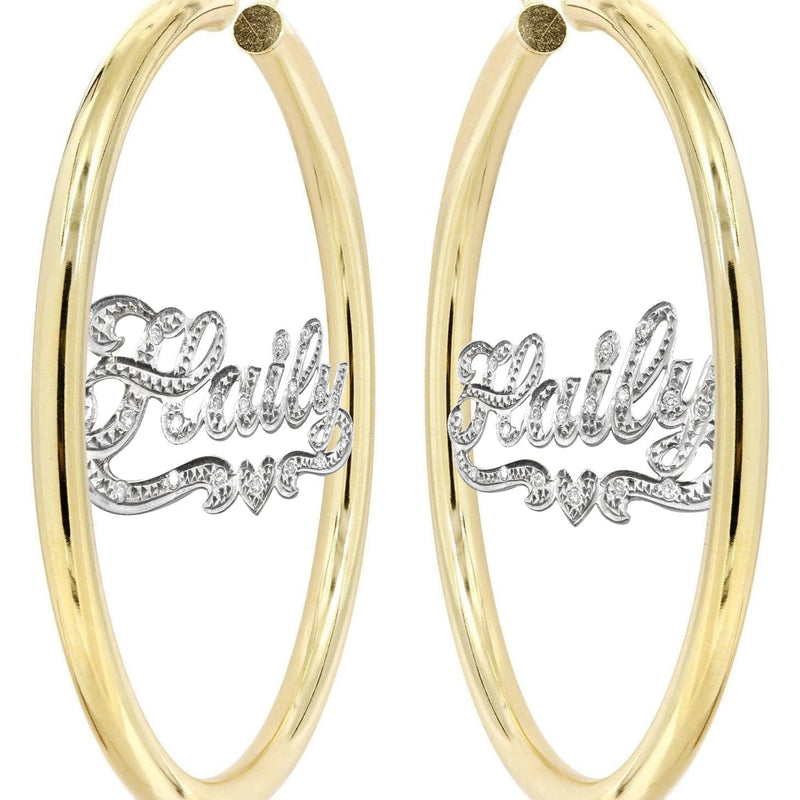 14K Ladies Diamond Cut with Diamonds Name Plate Hoop Earrings