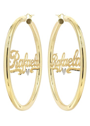 14K Ladies Diamond Cut with Diamond Name Plate Hoop Earrings