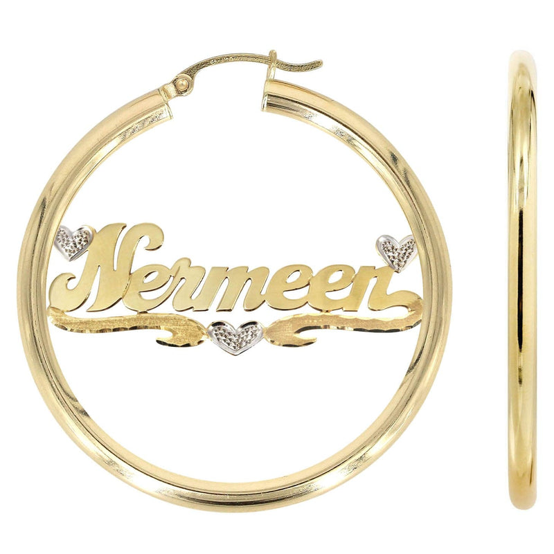 14K Ladies Two Tone Hearts Name Plate Hoop Earrings