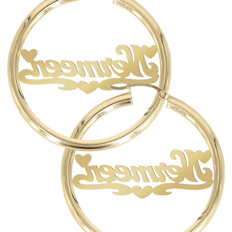 14K Ladies Two Tone Hearts Name Plate Hoop Earrings