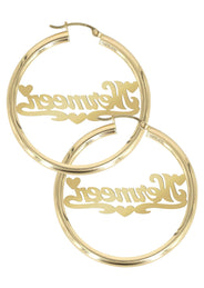 14K Ladies Two Tone Hearts Name Plate Hoop Earrings