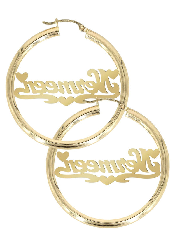 14K Ladies Two Tone Hearts Name Plate Hoop Earrings