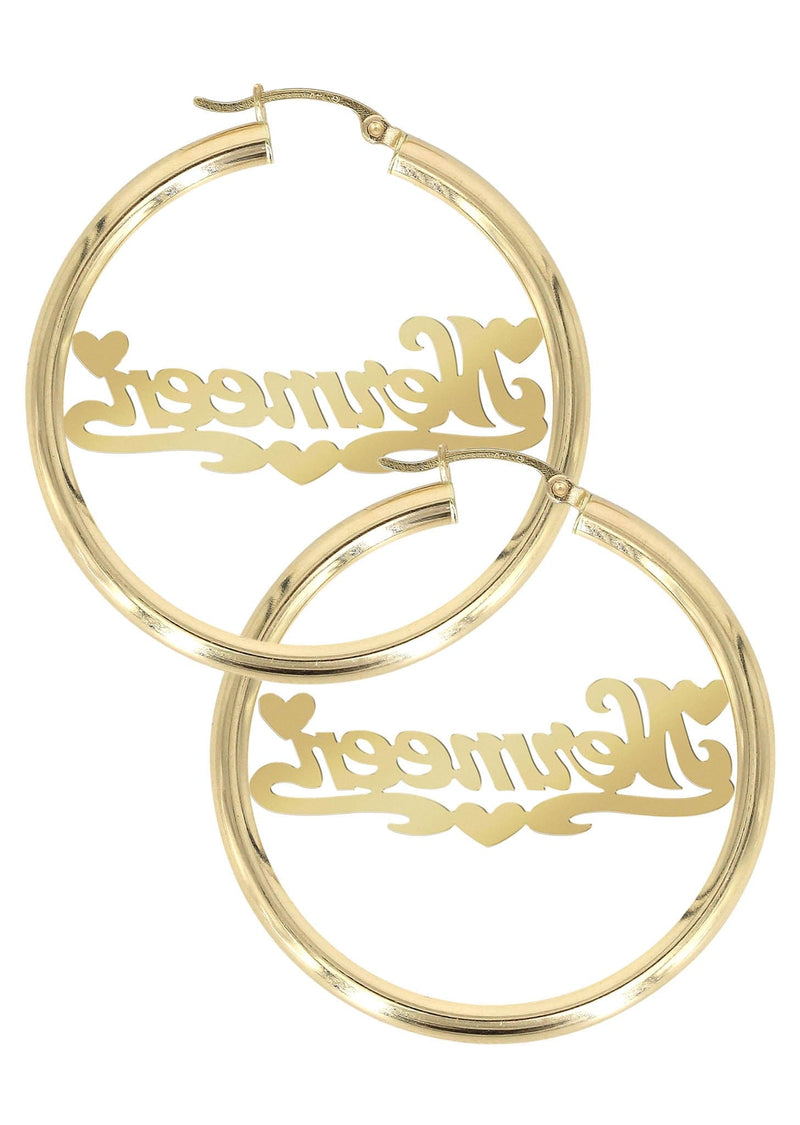 14K Ladies Two Tone Hearts Name Plate Hoop Earrings