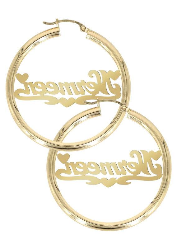 14K Ladies Two Tone Hearts Name Plate Hoop Earrings