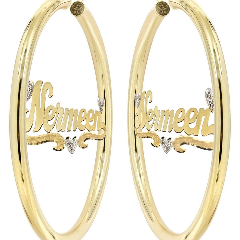 14K Ladies Two Tone Hearts Name Plate Hoop Earrings