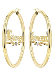 14K Ladies Two Tone Hearts Name Plate Hoop Earrings