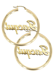 14K Ladies Plain Gold Name Plate Hoop Earrings
