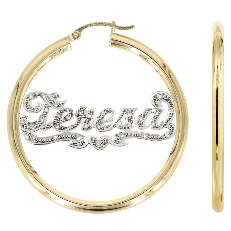 14K Ladies Diamond Cut with Diamonds Name Plate Hoop Earrings